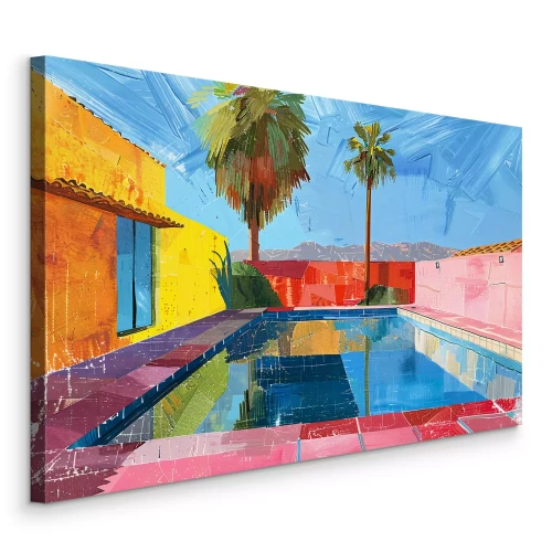 Canvas Architectuur van warme landen met zwembad en palmbomen