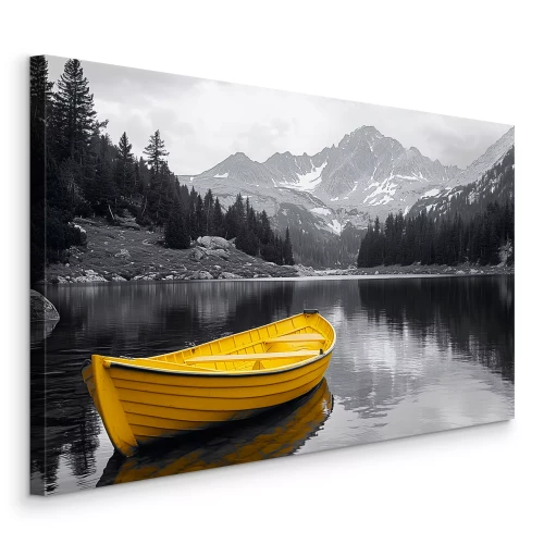 Canvas Een gele boot tegen de achtergrond van een zwart-wit meer