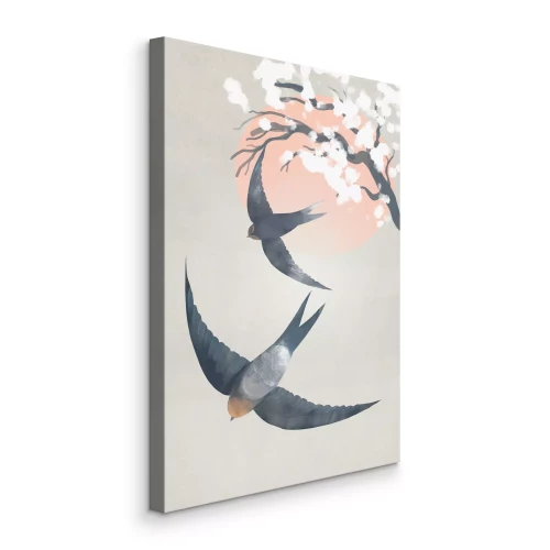 Canvas Twee zwaluwen en een kersenbloesem tegen de achtergrond van de zon