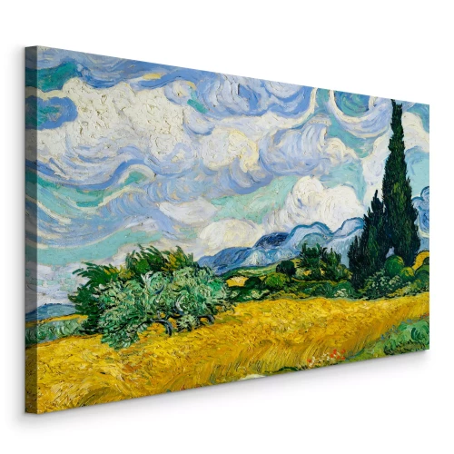 Canvas Uitgestrekte tarwevelden met bomen op de achtergrond