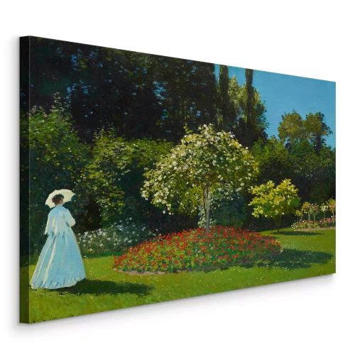 Canvas De figuur van een vrouw in een licht gewaad tussen weelderig groen