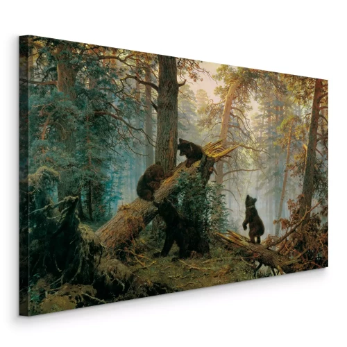 Canvas De stilte van de ochtend in het dennenbos met beren