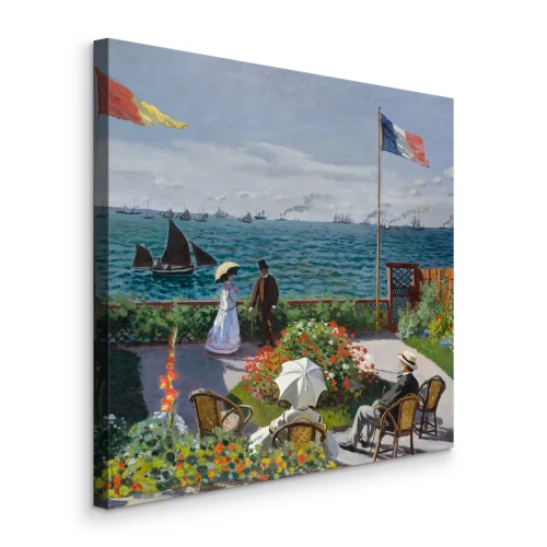 Canvas Een bloementerras aan de kust met een klein bootje