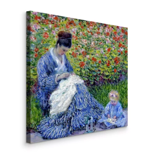 Canvas Moeder en kind omringd door een bloeiende tuin