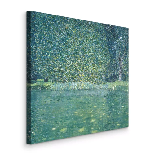 Canvas Aquarelscène van weelderig bos en kalm water