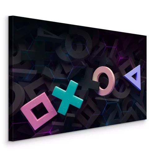 Canvas Kleurrijke symbolen in een 3D-compositie op een donkere achtergrond