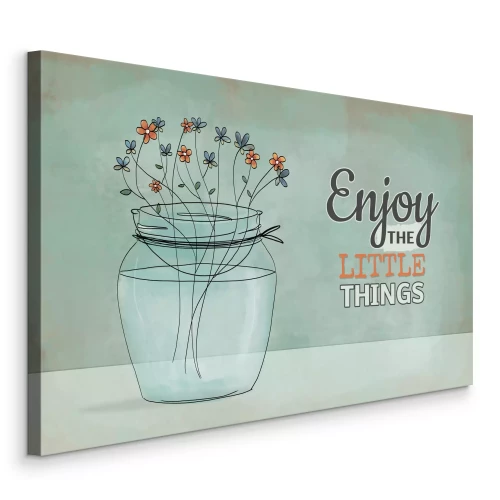 Canvas Bloemen in een vaas en een citaat op een turquoise achtergrond