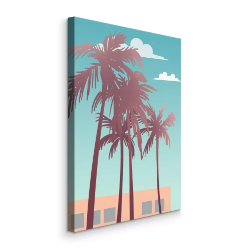 Canvas Retro-stijl palmboomafbeeldingen met een gebouw op de achtergrond