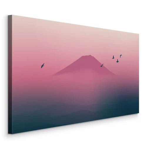 Canvas Landschap met een berg en vogels in een roze mist