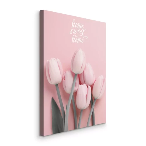 Canvas Roze tulpen op een pastelkleurige achtergrond met het opschrift