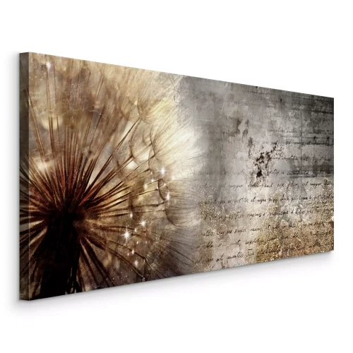 Canvas Paardenbloem in een gouden tint met tekst en textuur