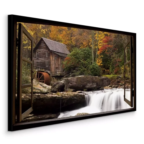 Canvas Waterval en oude houten molen