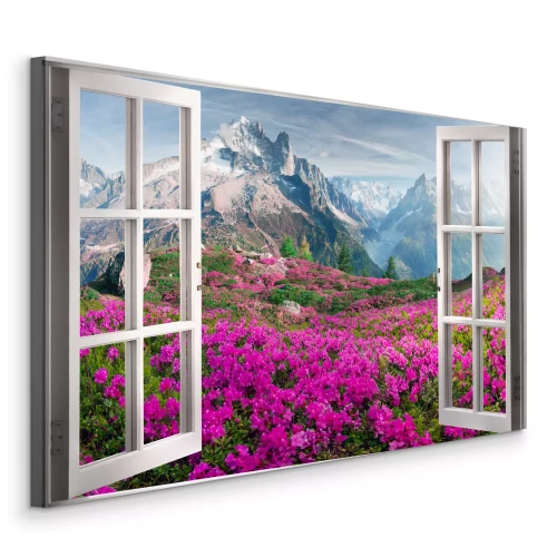 Canvas Het uitzicht vanuit het open raam op azalea&#39;s en bergtoppen