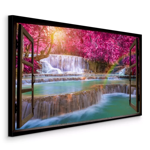 Canvas Cascadewaterval en roze bomen