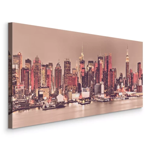 Canvas De rivier met Manhattan op de achtergrond bij zonsondergang