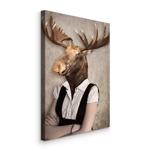 Canvas Silhouet van een vrouw met een elandenkop op een beige achtergrond