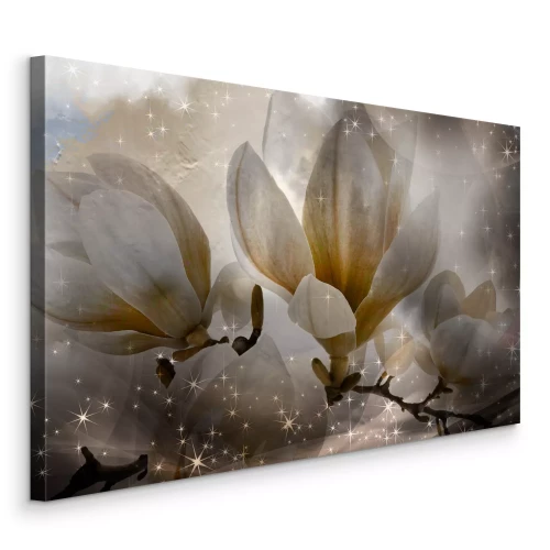 Canvas Heldere magnoliabloemen met een glinsterend sprankelend effect