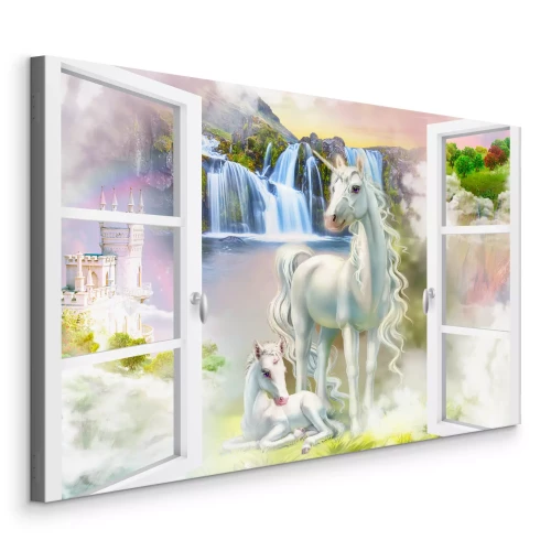 Canvas Raam met uitzicht op eenhoorns en een waterval