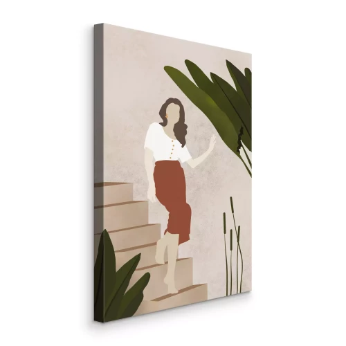 Canvas Vrouw op de trap met bladeren
