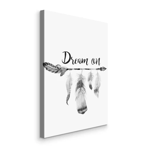 Canvas Inscriptie over slaap en grijze veren