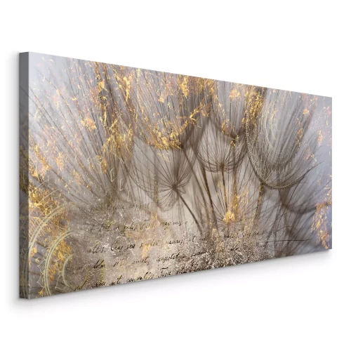 Canvas Gouden paardenbloemen met tekst op een lichte achtergrond