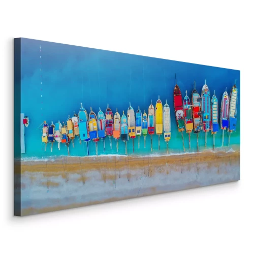 Canvas Een rij boten op het strand, gezien vanuit vogelperspectief