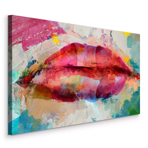 Canvas Schilderachtige rode lippen op een veelkleurige textuurachtergrond
