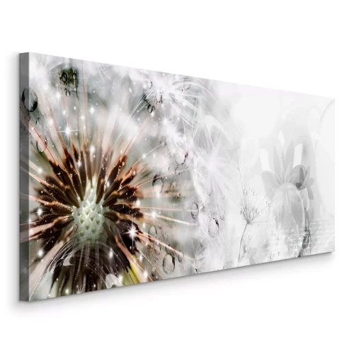 Canvas Paardenbloem in witte tinten met een gloeiend effect