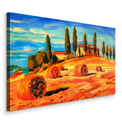 Canvas Zonnige velden met cipressen en hooi