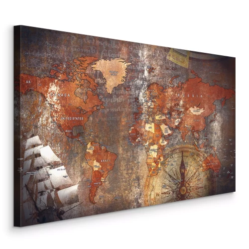 Canvas Een oude kaart in bruine tinten met een nautisch motief