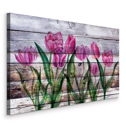Canvas Tulpenbloemen op een achtergrond van oud hout