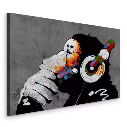 Canvas Aap met kleurrijke koptelefoon in grijs