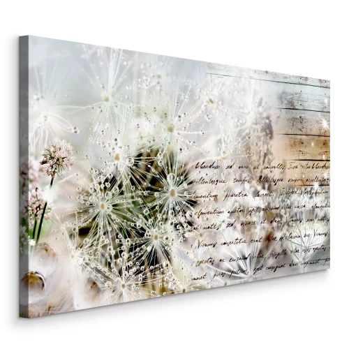 Canvas Heldere paardenbloemen met dauw en tekst op een houten achtergrond