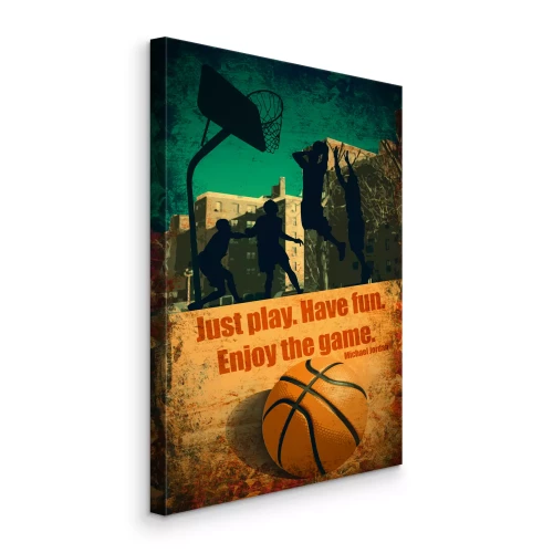 Canvas Basketbal tegen de achtergrond van de stad met een citaat van Jordan