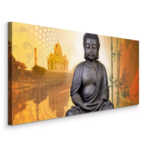 Canvas Boeddha tijdens meditatie met een tempel op de achtergrond