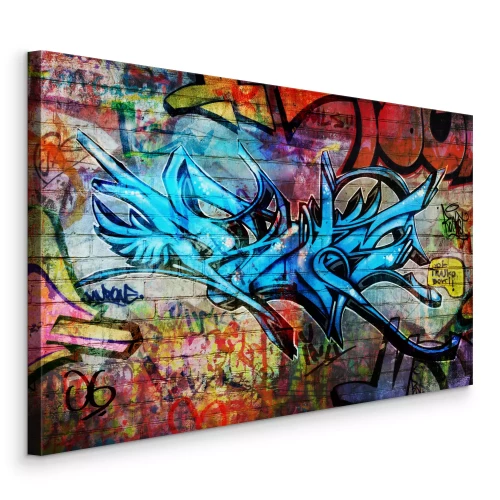 Canvas Abstracte blauwe graffiti-tag op een kleurrijke muur