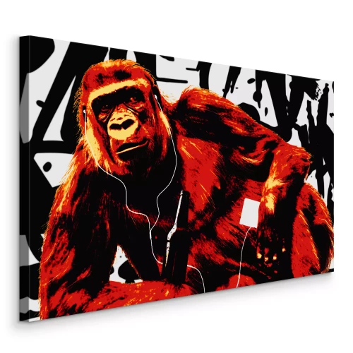 Canvas Oranje chimpansee met koptelefoon