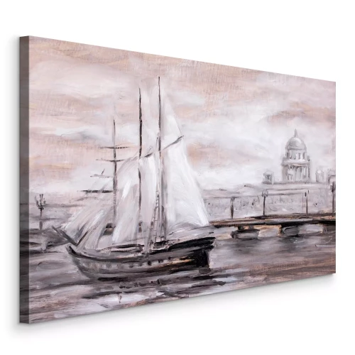 Canvas Een geschilderd schip met een stadsgezicht op de achtergrond