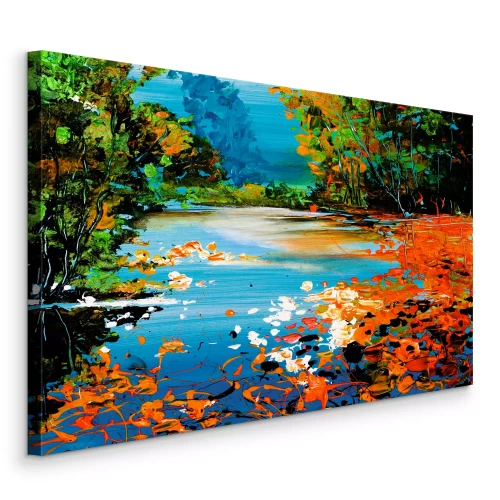 Canvas Een schilderachtig landschap met een rivier in verschillende kleuren