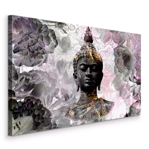 Canvas Boeddha tegen een achtergrond van roze en grijze bloemen en decoratieve patronen