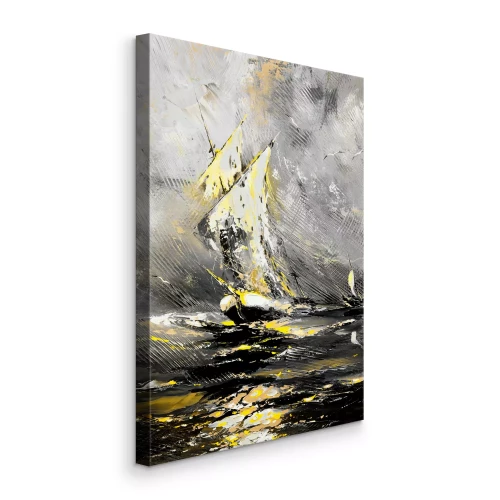 Canvas Een schilderachtig schip op een stormachtige zee in grijstinten