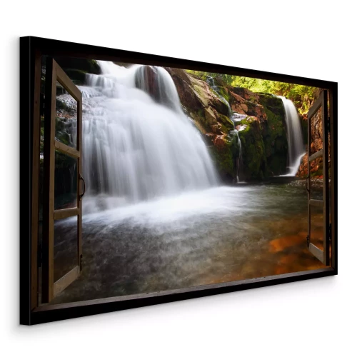 Canvas Open raam naar de waterval