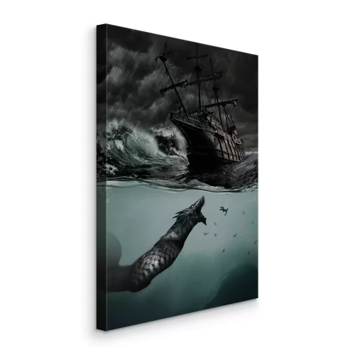 Canvas Een dramatische scène met een zeilschip en een zeemonster