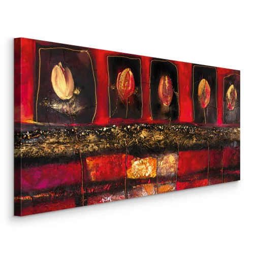 Canvas Abstracte compositie van tulpen op een rode achtergrond