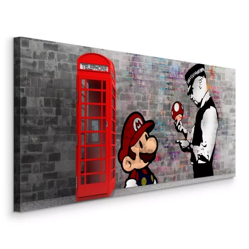 Canvas Banksy Mario en de politieagent met een telefooncel