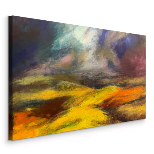 Canvas Een expressief landschap met een veld onder een bewolkte hemel.