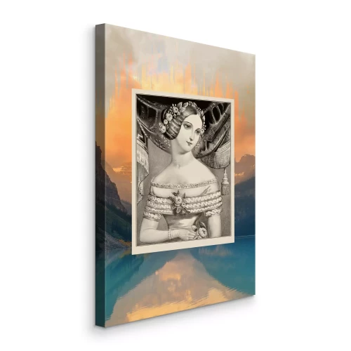 Canvas Oud portret van een vrouw tegen een landschapsachtergrond