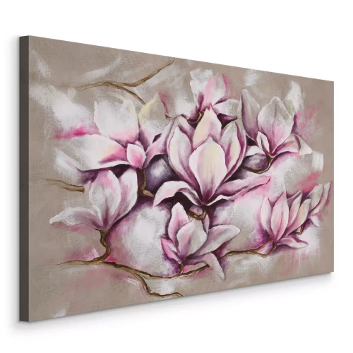 Canvas Roze geschilderde magnoliabloemen op een beige achtergrond
