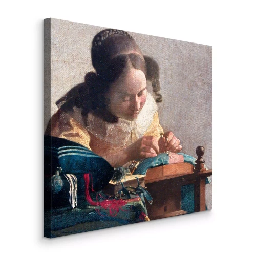 Canvas Een meisje in een korset dat kant borduurt