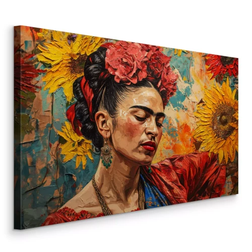 Canvas Frida Kahlo op een portret met grote bloemen